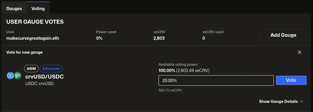 Voting interface showing percentage allocation and vote button