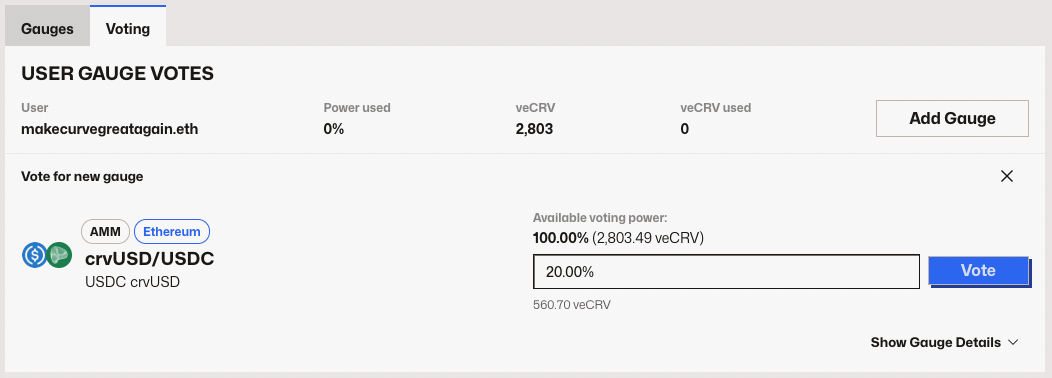 Voting interface showing percentage allocation and vote button